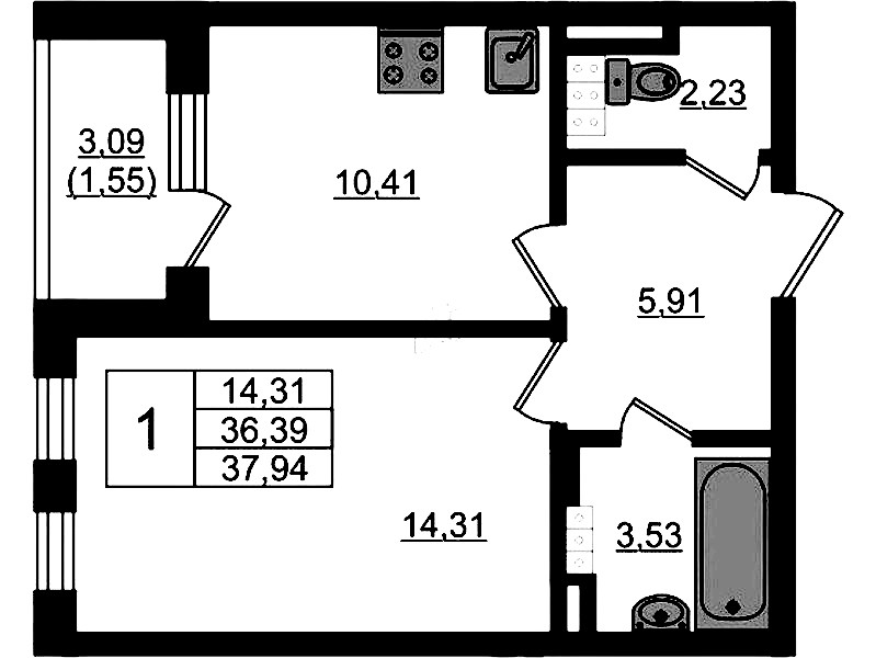 1-комнатная квартира 37.94 м², 4/4 эт., ЖК «Новая история»